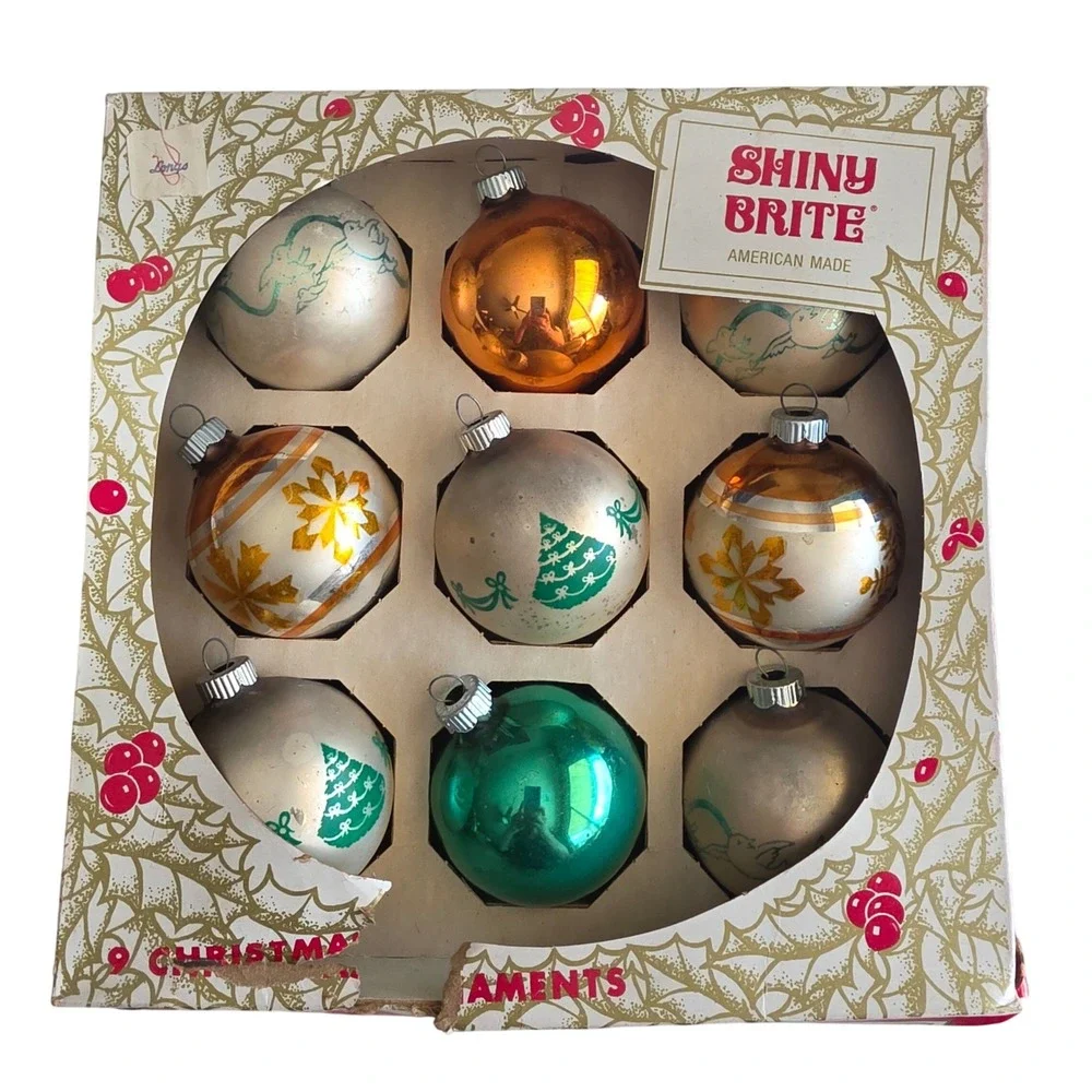 VTG Shiny Brite Glass Christmas Ornaments Set 9 Stenciled Orange & Green in Box